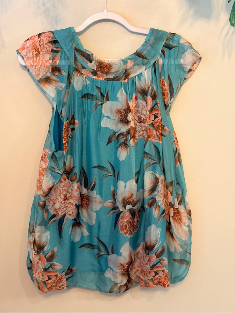 ELENA BALDI Silk Floral Turquoise Cap-Sleeve Blouse - Picture 5 of 5